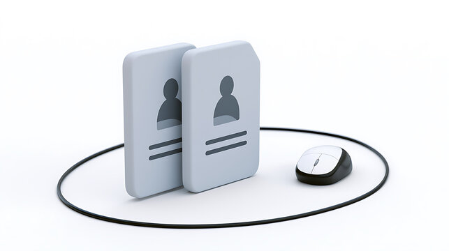 3D render of two profile ID cards with person icons and a computer mouse on a white background, symbolizing human resources and data