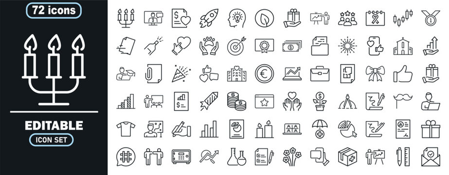 Large set of 72 hand drawn business and celebration icons for marketing and office design projects