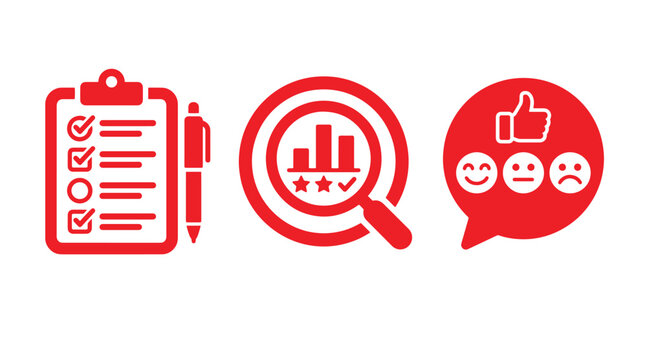 Red business feedback graphic elements including clipboard survey magnifying glass chart and sentiment rating with clipboard checklist magnifying feedback sentiment emoticon
