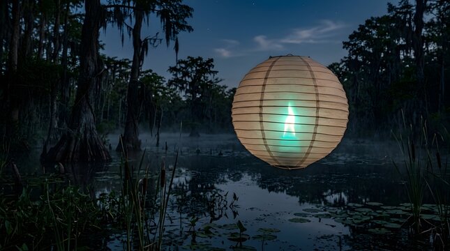 Illuminated paper lantern floats serenely over a dark, misty swamp at night