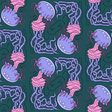 Seamless Art Nouveau marine pattern with detailed jellyfish in periwinkle blue and vibrant pink on dark teal background. Whimsical oceanic vector print
