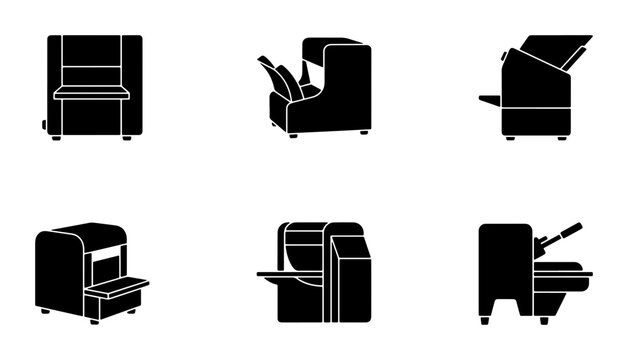 Six black icons of printing and binding machines