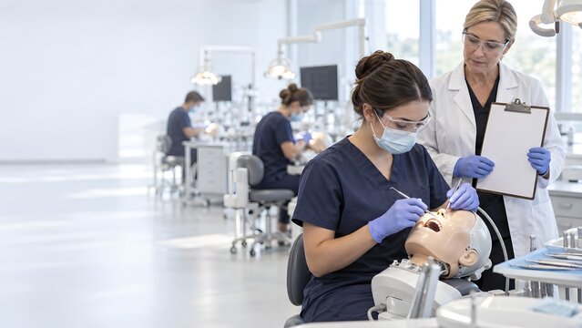 Dental Student Completing Practical OSCE Assessment on Mannequin While Assessor Observes in a University Training Center