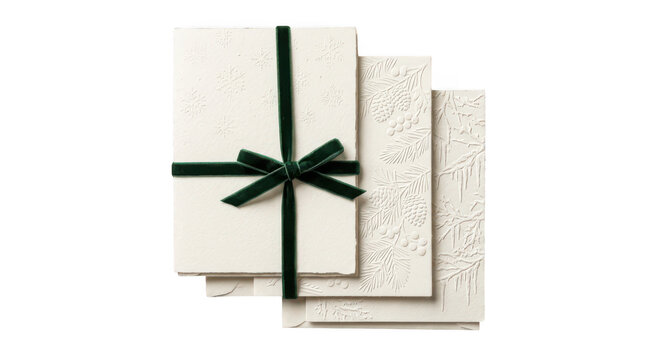 Stack of elegant white embossed christmas greeting cards with dark green velvet ribbon tie transparent background