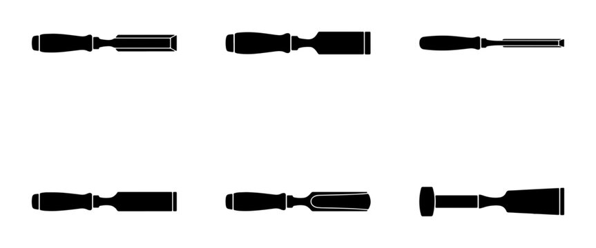 Six different woodworking chisels silhouettes on white background