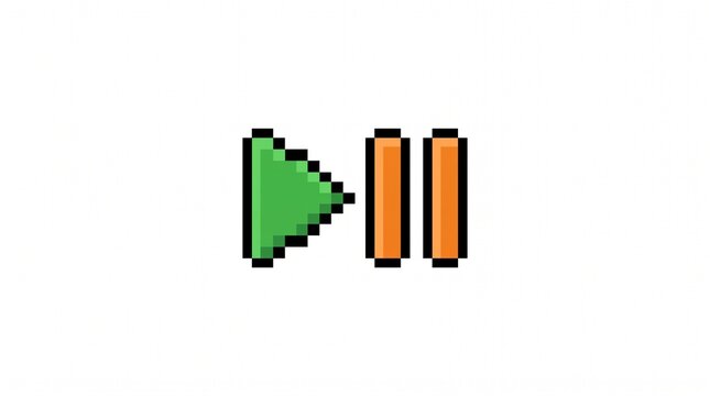 8-bit pixel art of classic pixelated video player play and pause control buttons asset isolated on white.