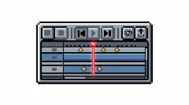 8-bit pixel art of a video editor timeline track with a red playhead editing UI asset isolated on white.