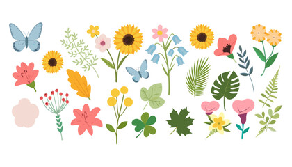 Obraz premium Collection of stylized floral illustrations and butterflies on a white background