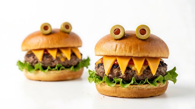 Funny monster burgers with olive eyes and sharp cheddar cheese teeth arranged on white studio background