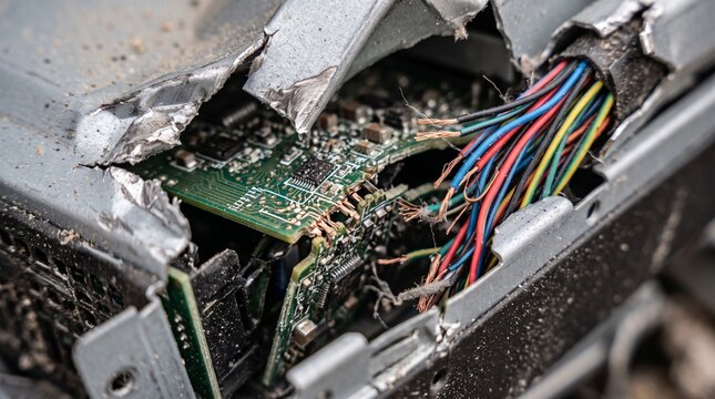 Close up of a destroyed electronic device with exposed circuit board and colorful wires.