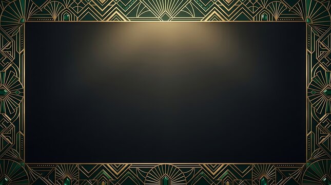 Elegant Art Deco frame with green and gold geometric patterns surrounding a dark central space with a subtle golden glow.