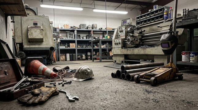 Interior view of a cluttered industrial machine shop with heavy machinery and tools.