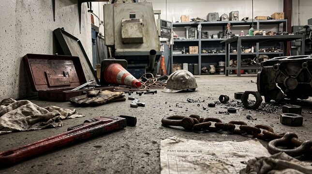 Cluttered industrial workshop floor with scattered tools and mechanical parts.
