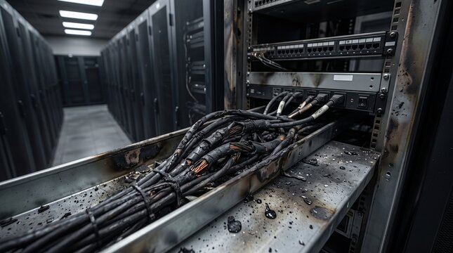 Damaged server rack with burnt cables inside a modern data center facility.