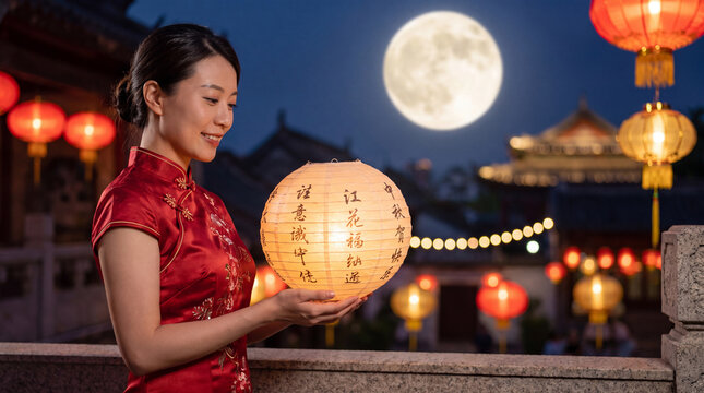 Asian woman in traditional red dress holds a glowing lantern during Mid-Autumn Festival, with a full moon and decorative lanterns in the background