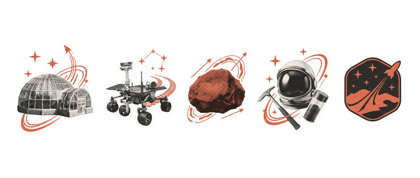 Mars space exploration stickers, planetary rover vehicle, biodome habitat, rocky meteorite, and astronaut helmet. Futuristic red planet astronaut mission clipart set on transparent background.