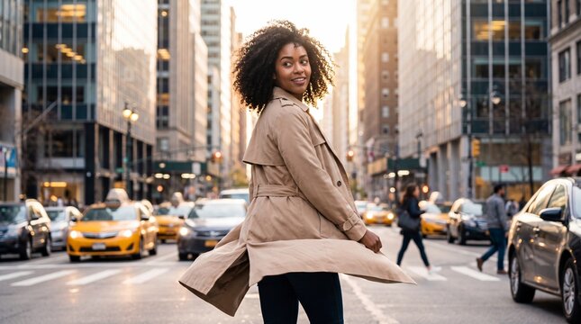 African American woman in beige trench coat walks confidently across a busy city street with skyscrapers and yellow taxis in the background