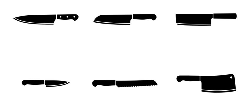 Collection of six different kitchen knives and cleavers