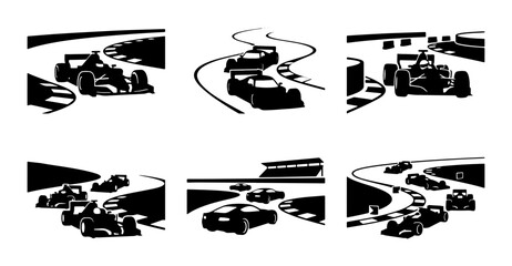 Obraz premium Six racing cars on a track, black and white silhouettes