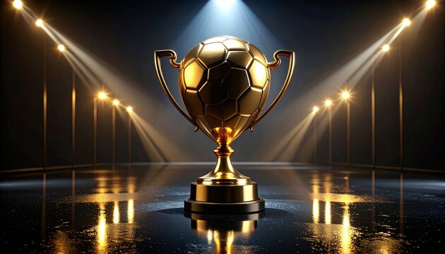 Golden Trophy Cup on Dark Background Symbolizing Victory, Success, Achievement and Championship in Sports Competition, Shiny Gold Award Prize for Winner, Isolated Vector Illustration