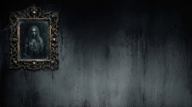 Creepy haunted mirror with a ghost reflection hanging on a dark spooky wall, Halloween background
