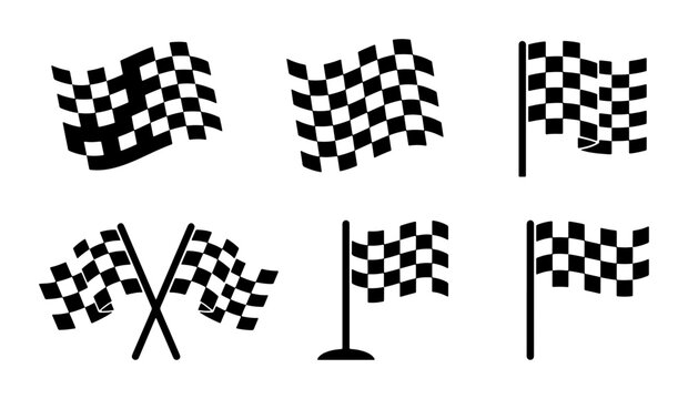 Set of six checkered racing flags on white background