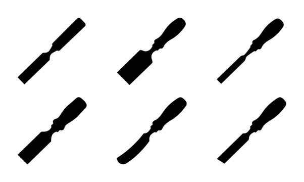 Collection of six black chisels silhouettes on white background