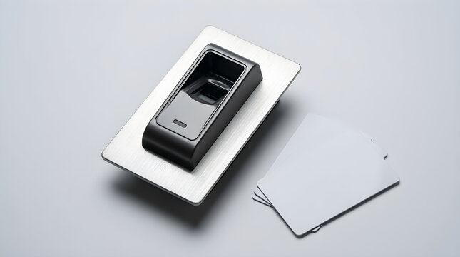 Biometric door access reader with RFID cards and mounting plate