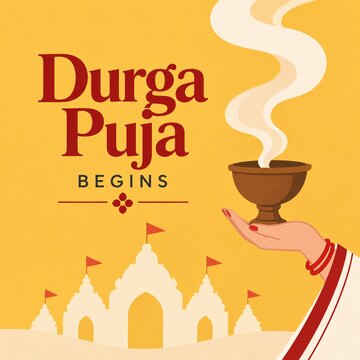 Cultural durga puja festival greeting illustration with incense burner held in hand and temple