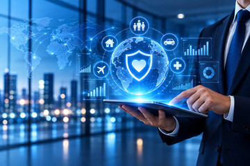 Obraz premium Businessman holding a tablet displaying a globe with security icons and data charts
