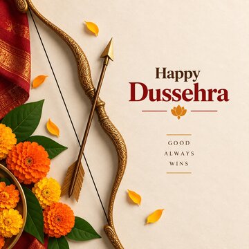 Elegant golden bow and arrow with orange marigold flowers for happy dussehra religious festival