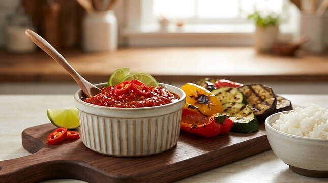 Bowl of spicy red salsa with grilled vegetables and lime served on a wooden board in a home kitchen. sambal oelek