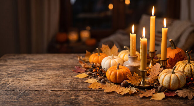 Autumn table setting with pumpkins and candles for Thanksgiving celebration