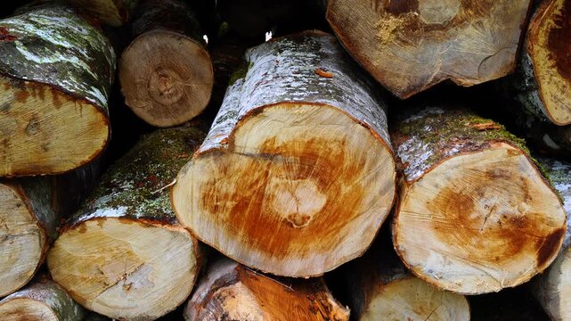 Piles of felled beech trees in the Sierra de Entzia. Alava. Basque Country. Spain. Europe