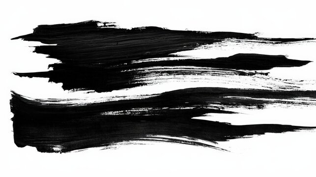 Abstract black ink brush strokes isolated on white background. Useful for artistic design elements and grunge texture compositions.