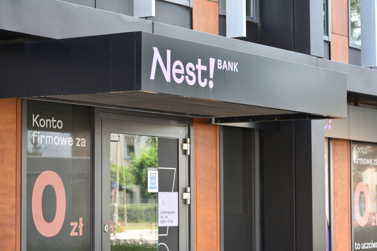 Nest Bank with signage, logo, emblem on the facade. WARSAW, POLAND - AUGUST 8, 2026