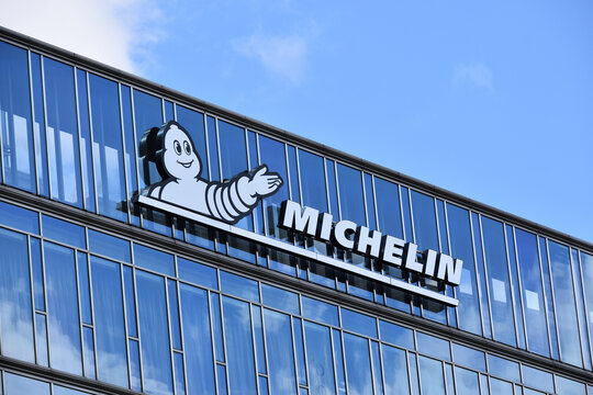 Michelin company office with logo, signage, emblem on the facade, French multinational tyre manufacturer. WARSAW, POLAND - AUGUST 8, 2026