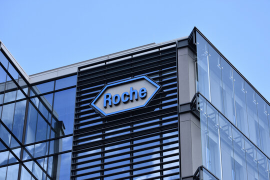Roche logo, signage on the facade of Roche Polska office, Swiss pharmaceutical company. WARSAW, POLAND - AUGUST 8, 2026