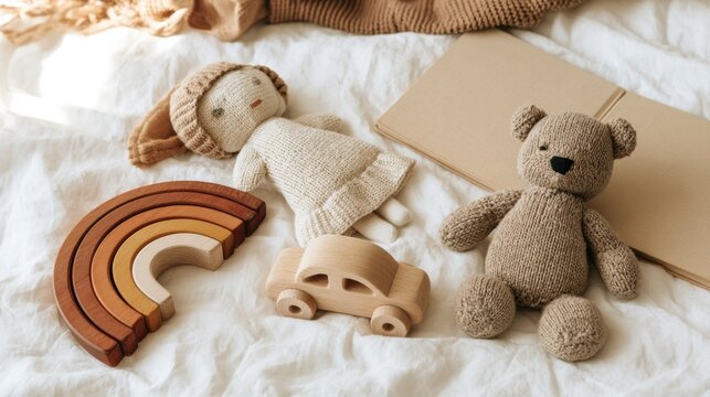 Top view of a Scandinavian toy collection on white linen rainbow stacker, car, cloth doll, teddy bear, and board book.