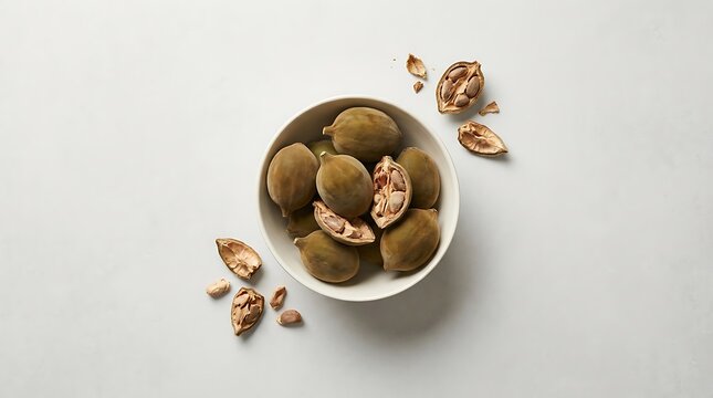 Fresh green terminalia chebula fruits in a small ceramic bowl served for healthy ayurvedic herbal medicine. baobab fruit bowl