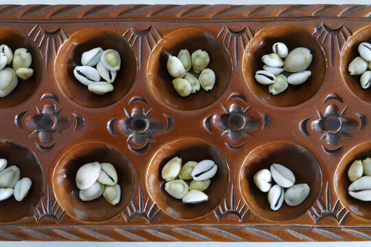 Mancala Wooden Board Game with Cowrie Shells for Traditional Play