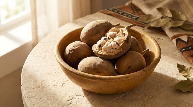 Fresh brown sapodilla fruits in a wooden bowl sitting on a rustic table in a warm sunlit kitchen room. baobab fruit bowl