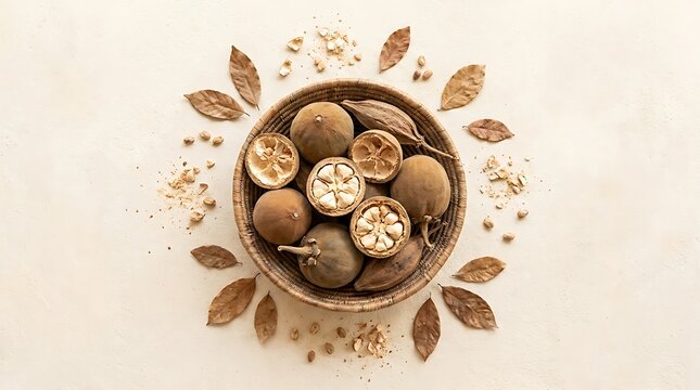 Fresh brown sapodilla fruit in a wooden bowl with green leaves arranged on a flat surface for display. baobab fruit bowl