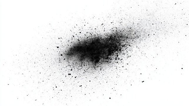 Black charcoal dust explosion isolated on white background. Useful as a dramatic design overlay or creative texture element for graphic projects.