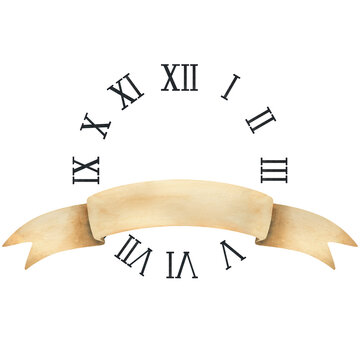 Watercolor illustration of an antique ribbon banner with Roman numerals and clock motifs, isolated as a decorative historical element for invitations, posters, stationery, and vintage design