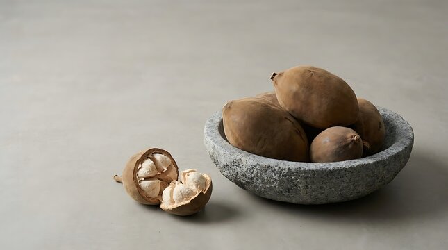 Fresh whole and open mamoncillo fruits in a stone bowl on a soft grey background for healthy food design. baobab fruit bowl