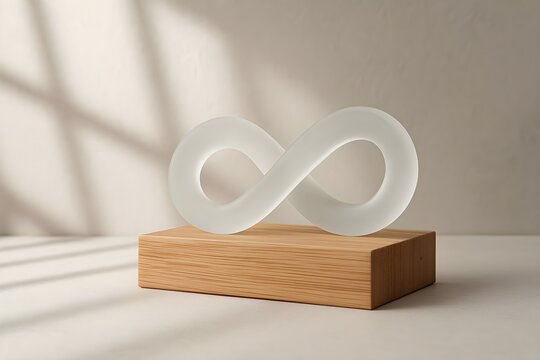 A frosted glass infinity symbol rests elegantly on a natural wooden block in a minimalist setting.