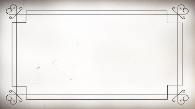 Vintage silent film frame overlay featuring an ornate black art deco line border, corner flourish swirls, subtle vignette edges, flickering analog dust, hair, and scratches
