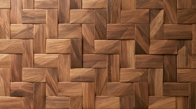 Herringbone pattern wall made of natural brown wood blocks with intricate texture. Ideal background for architectural design projects and interior decoration concepts.
