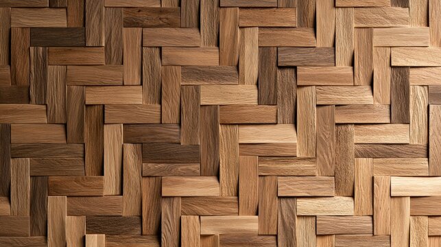A close-up of a rustic wooden wall with a rhythmic herringbone pattern and textured oak finish. Perfect background for interior design and architecture concepts.